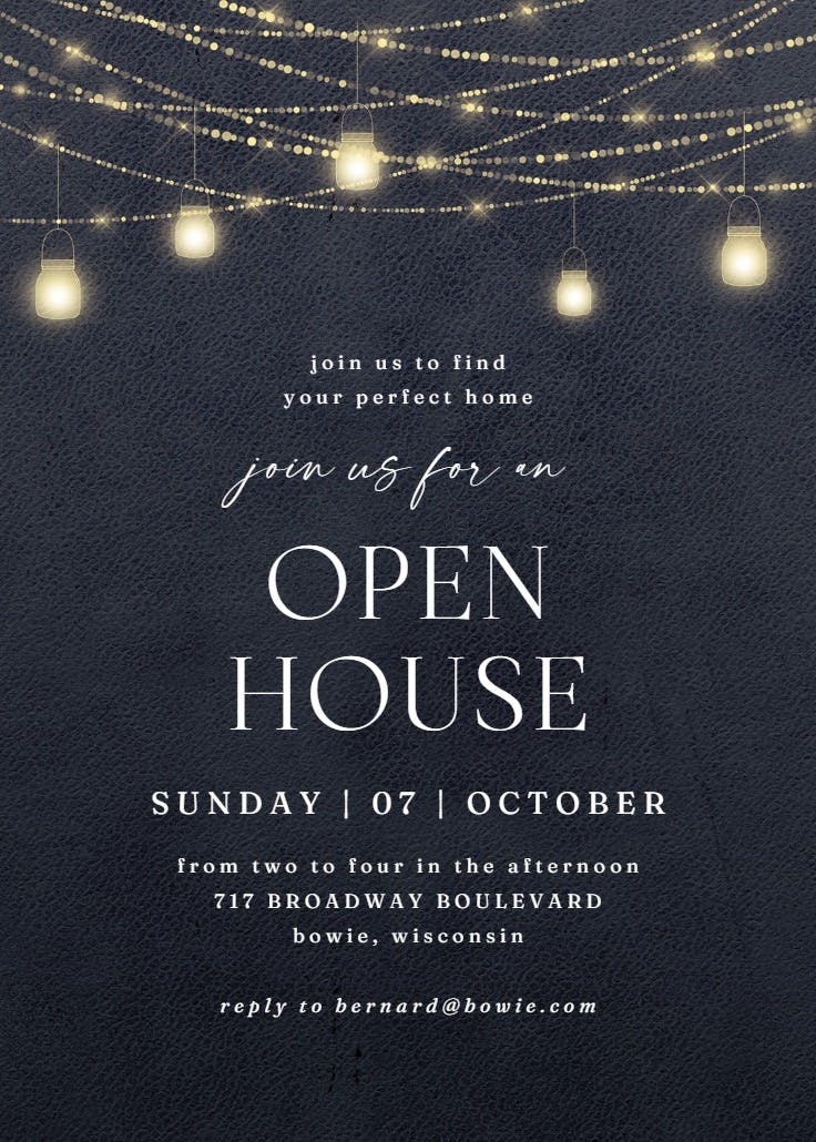 Sparkling mason jar lights open house invitation Card Printable Personalized Digital Evites Greetings Island